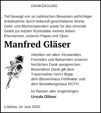 Traueranzeige von Manfred Gläser von Prenzlauer Zeitung