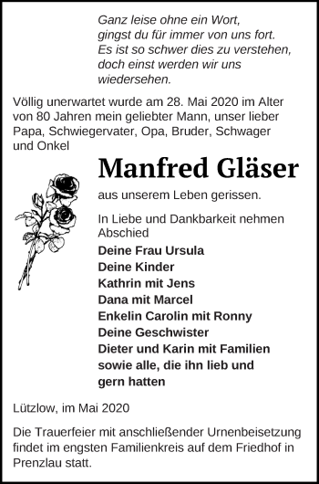 Traueranzeige von Manfred Gläser von Prenzlauer Zeitung