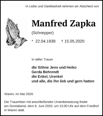 Traueranzeige von Manfred Zapka von Müritz-Zeitung
