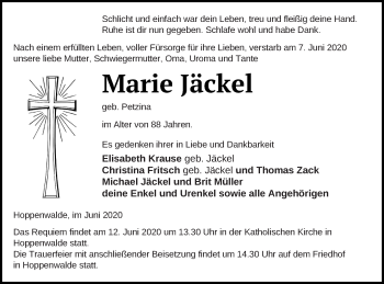 Traueranzeige von Marie Jäckel von Haff-Zeitung