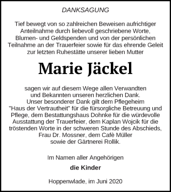 Traueranzeige von Marie Jäckel von Haff-Zeitung