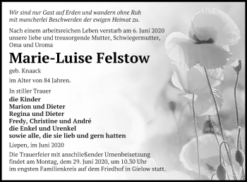 Traueranzeige von Marie-Luise Felstow von Mecklenburger Schweiz