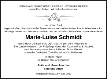 Traueranzeige von Marie-Luise Schmidt von Prenzlauer Zeitung