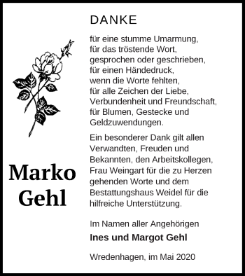 Traueranzeige von Marko Gehl von Müritz-Zeitung