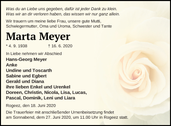 Traueranzeige von Marta Meyer von Müritz-Zeitung