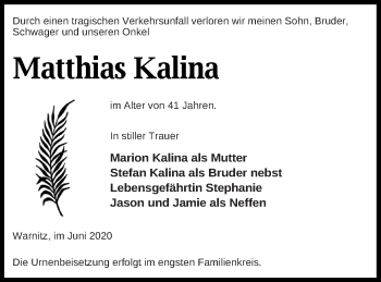 Traueranzeige von Matthias Kalina von Prenzlauer Zeitung