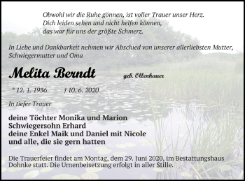 Traueranzeige von Melita Berndt von Haff-Zeitung
