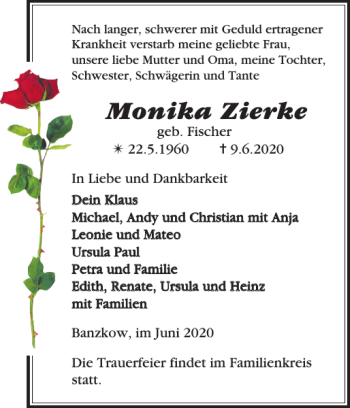 Traueranzeige von Monika Zierke von Zeitung für die Landeshauptstadt