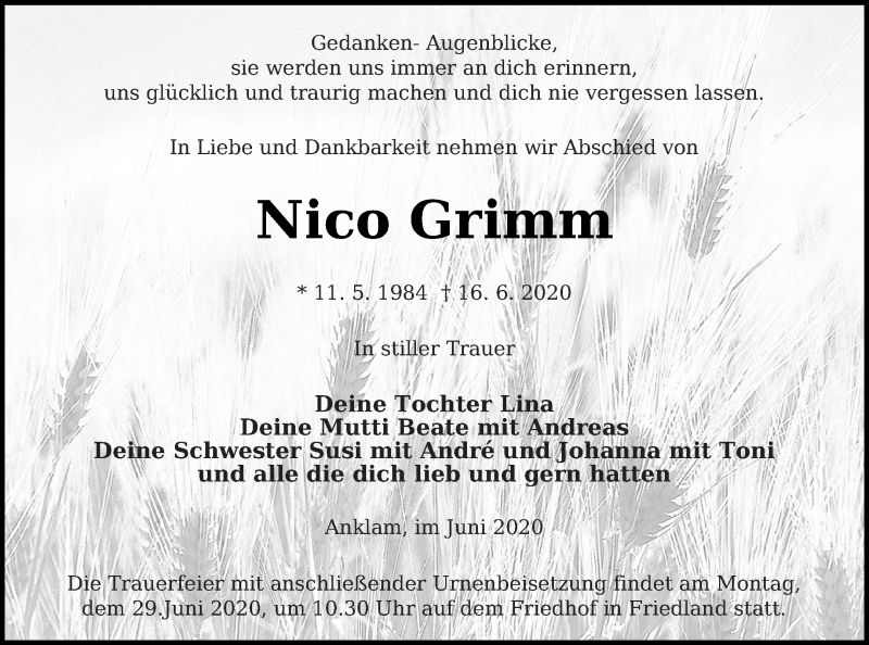  Traueranzeige für Nico Grimm vom 25.06.2020 aus Vorpommern Kurier