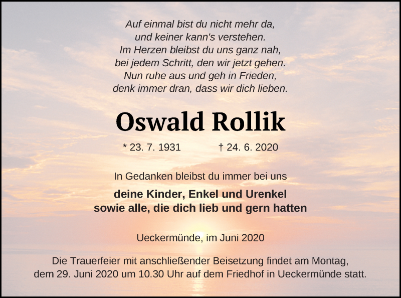  Traueranzeige für Oswald Rollik vom 26.06.2020 aus Haff-Zeitung
