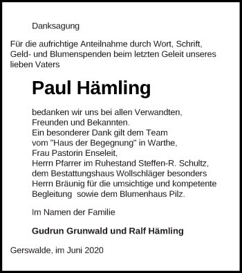 Traueranzeige von Paul Hämling von Templiner Zeitung