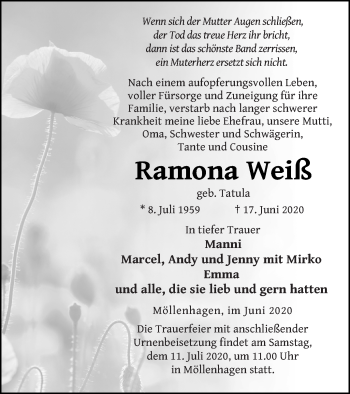 Traueranzeige von Ramona Weiß von Müritz-Zeitung