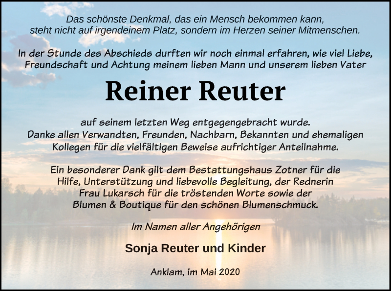  Traueranzeige für Reiner Reuter vom 06.06.2020 aus Vorpommern Kurier