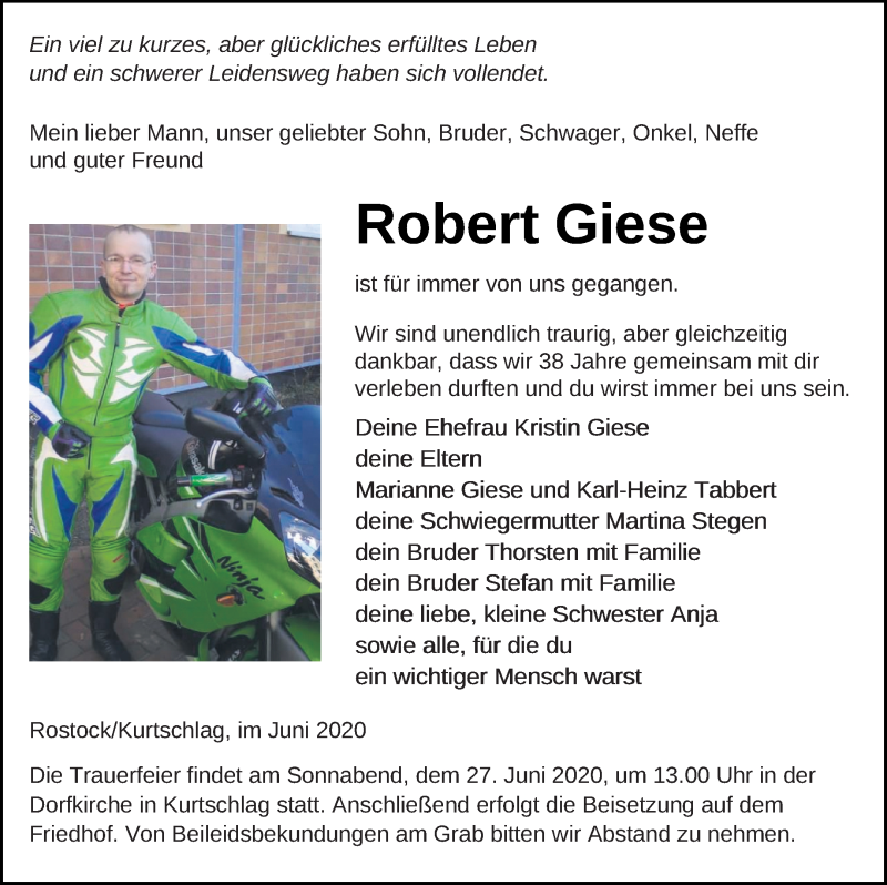  Traueranzeige für Robert Giese vom 24.06.2020 aus Templiner Zeitung
