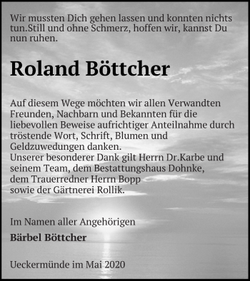 Traueranzeige von Roland Böttcher von Haff-Zeitung