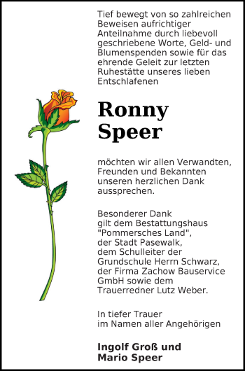 Traueranzeige von Ronny Speer von Pasewalker Zeitung