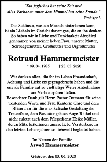 Traueranzeige von Rotraud Hammermeister von Güstrower Anzeiger