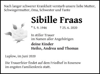 Traueranzeige von Sibille Fraas von Neubrandenburger Zeitung