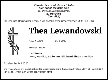 Traueranzeige von Thea Lewandowski von Mecklenburger Schweiz