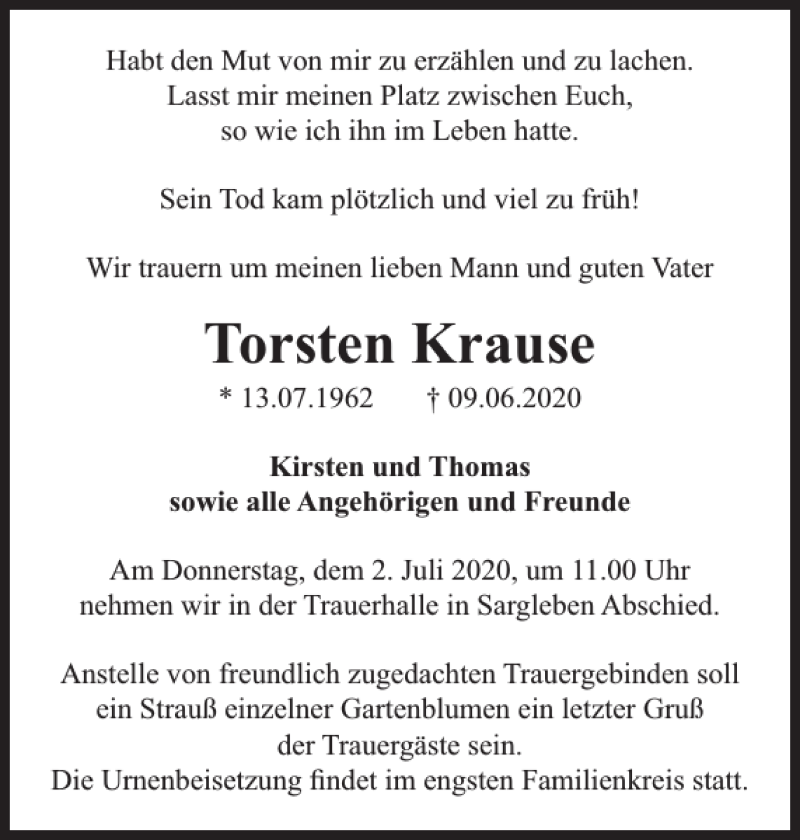  Traueranzeige für Torsten Krause vom 27.06.2020 aus Der Prignitzer