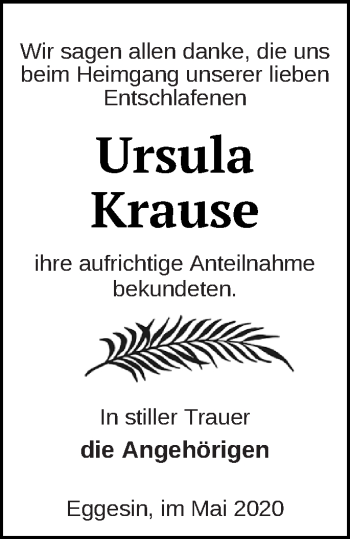 Traueranzeige von Ursula Krause von Haff-Zeitung