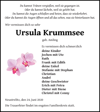 Traueranzeige von Ursula Krummsee von Strelitzer Zeitung