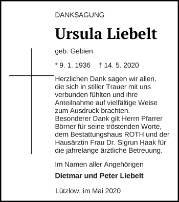 Traueranzeige von Ursula Liebelt von Prenzlauer Zeitung