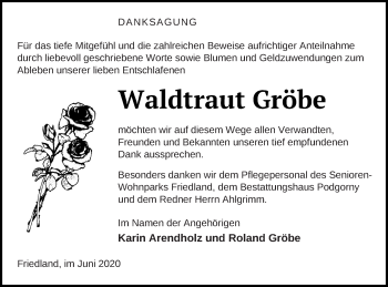 Traueranzeige von Waldtraut Gröbe von Neubrandenburger Zeitung