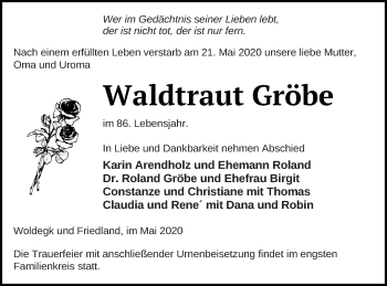 Traueranzeige von Waldtraut Gröbe von Neubrandenburger Zeitung