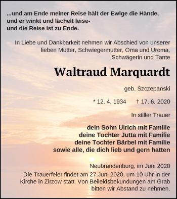 Traueranzeige von Waltraud Marquardt von Mecklenburger Schweiz