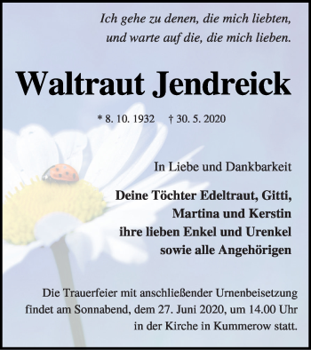 Traueranzeige von Waltraut Jendreick von Mecklenburger Schweiz