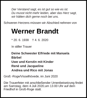 Traueranzeige von Werner Brandt von Mecklenburger Schweiz