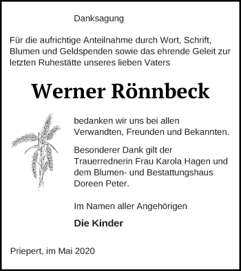 Traueranzeige von Werner Rönnbeck von Strelitzer Zeitung