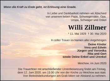 Traueranzeige von Willi Zillmer von Prenzlauer Zeitung