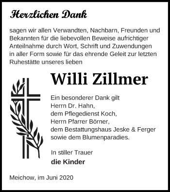 Traueranzeige von Willi Zillmer von Prenzlauer Zeitung