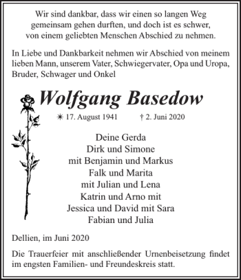 Traueranzeige von Wolfgang Basedow von Hagenower Kreisblatt