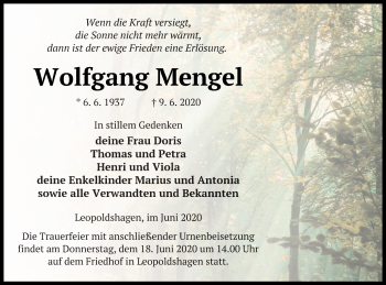 Traueranzeige von Wolfgang Mengel von Haff-Zeitung