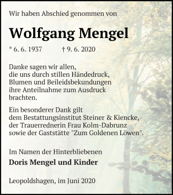 Traueranzeige von Wolfgang Mengel von Haff-Zeitung