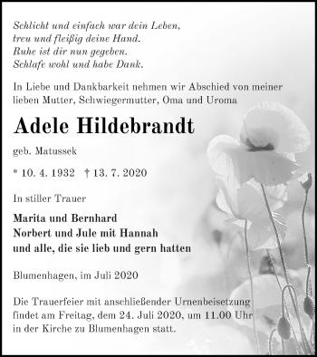 Traueranzeige von Adele Hildebrandt von Pasewalker Zeitung