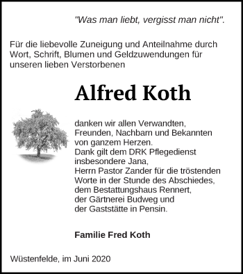 Traueranzeige von Alfred Koth von Vorpommern Kurier