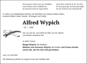 Traueranzeige von Alfred Wypich von Müritz-Zeitung