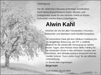 Traueranzeige von Alwin Kahl von Mecklenburger Schweiz