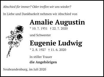 Traueranzeige von Amalie Augustin von Neubrandenburger Zeitung