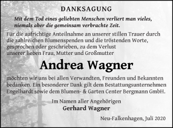 Traueranzeige von Andrea Wagner von Müritz-Zeitung