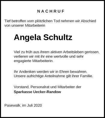 Traueranzeige von Angela Schultz von Haff-Zeitung