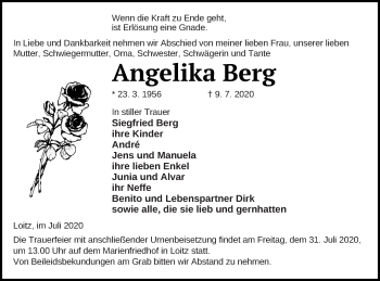 Traueranzeige von Angelika Berg von Vorpommern Kurier