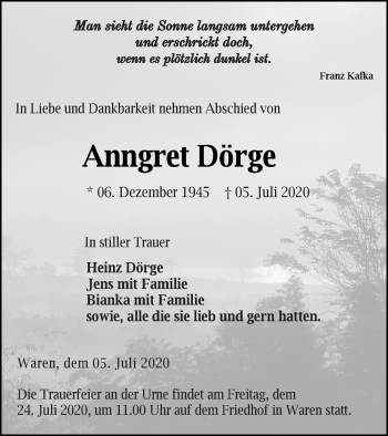 Traueranzeige von Anngret Dörge von Müritz-Zeitung