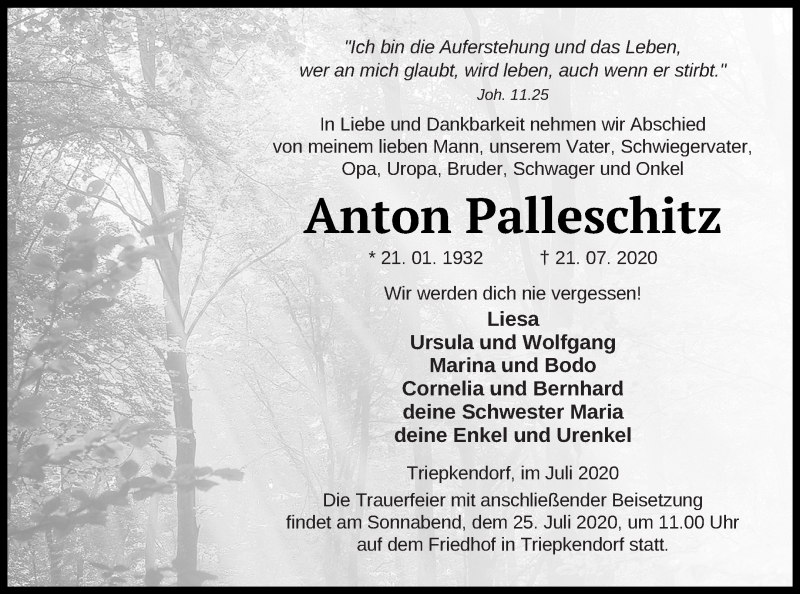  Traueranzeige für Anton Palleschitz vom 23.07.2020 aus Strelitzer Zeitung