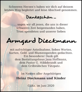 Traueranzeige von Armgard Dieckmann von Neubrandenburger Zeitung