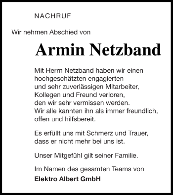 Traueranzeige von Armin Netzband von Templiner Zeitung